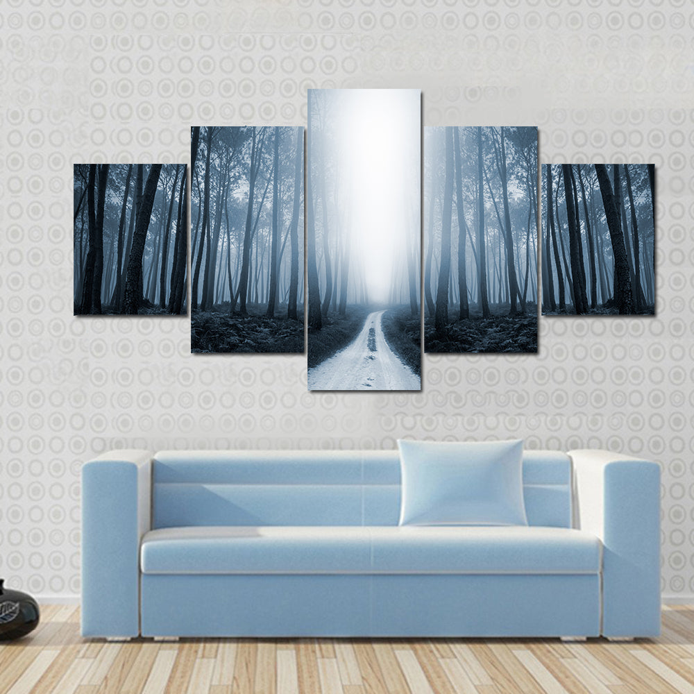 Scary Misty Road In The Forest Canvas Wall Art
