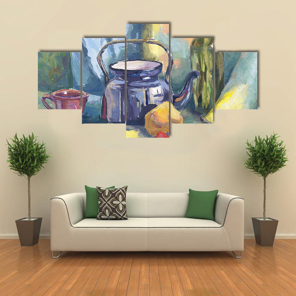 Dark Blue Kettle and Lemon Still Life Canvas Wall Art