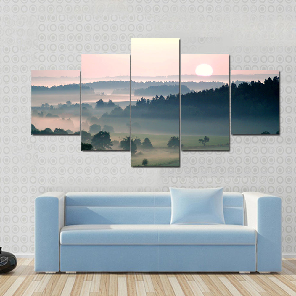 Misty Sunrise Over Layered Hills Canvas Wall Art