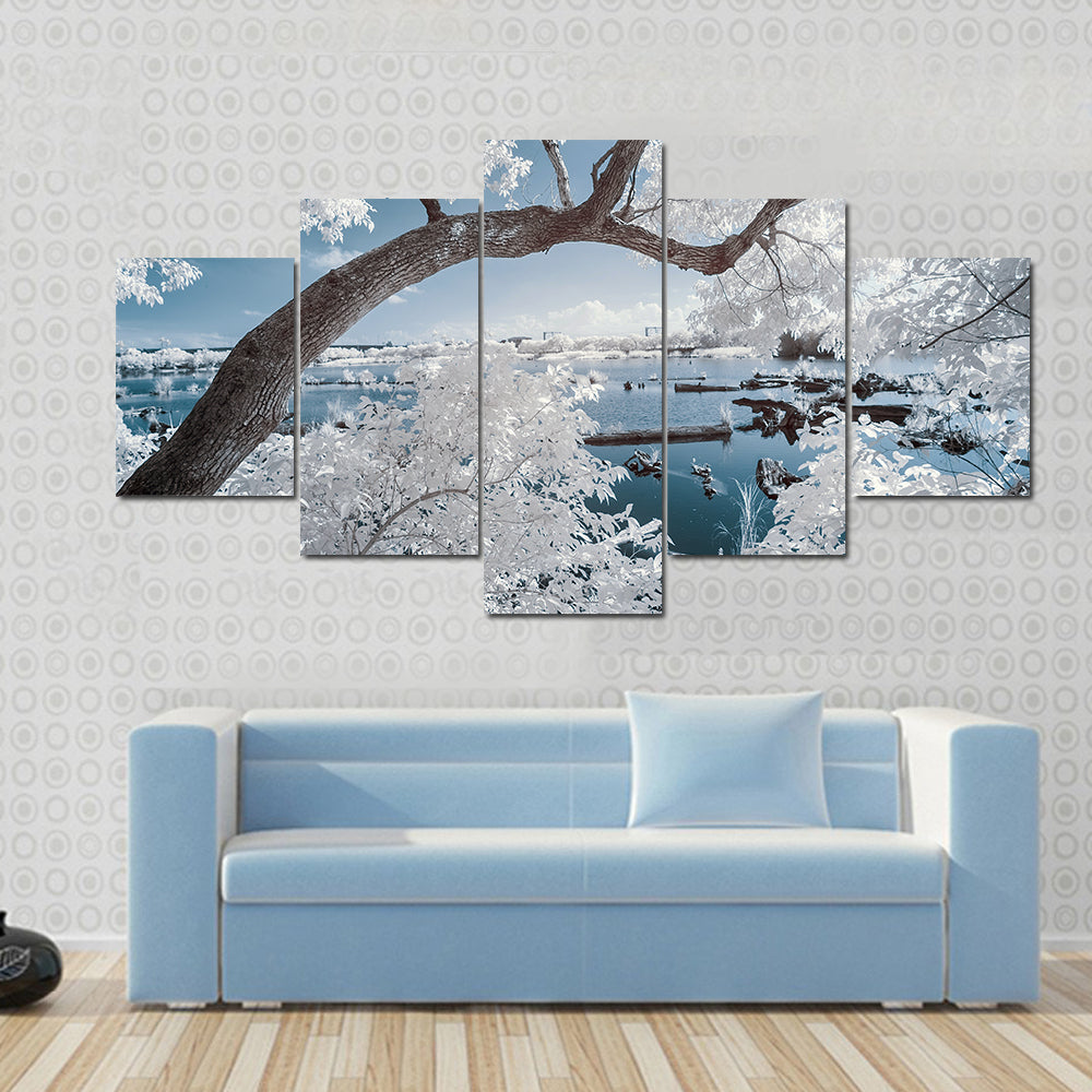 White-foliage Tree Over Forest Pond Canvas Wall Art