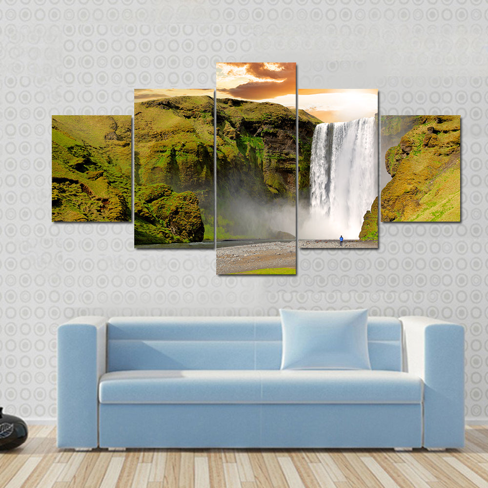 Skogafoss Waterfall At Sunset In Iceland Canvas Wall Art