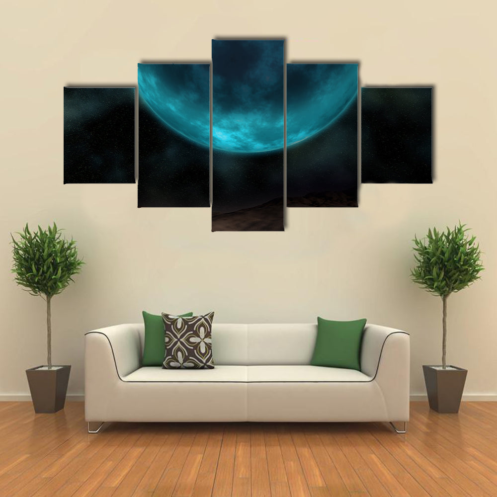 Silhouetted Figure Beneath Giant Blue Planet Canvas Wall Art