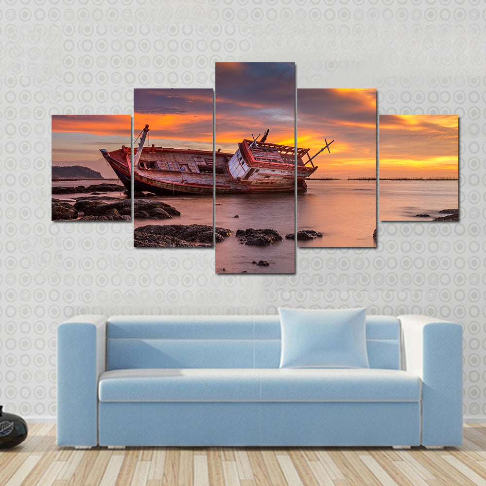 Fishing Boat Moored On Beach At Sunset Canvas Wall Art