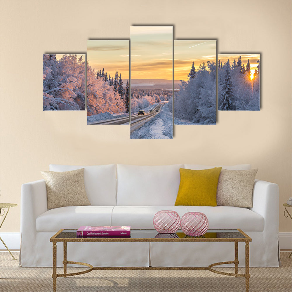 Winter Road In Northern Sweden Canvas Wall Art