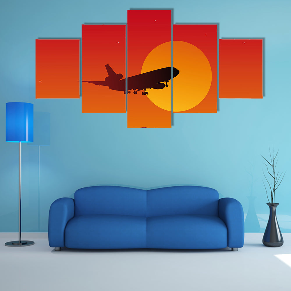 Airplane with Landing Gear Over Sunset City Canvas Wall Art