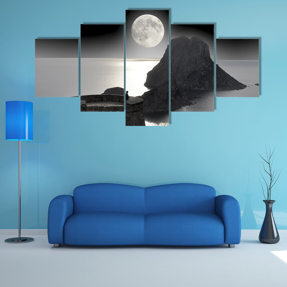 Moonlit Watchtower on Rocky Island Canvas Wall Art