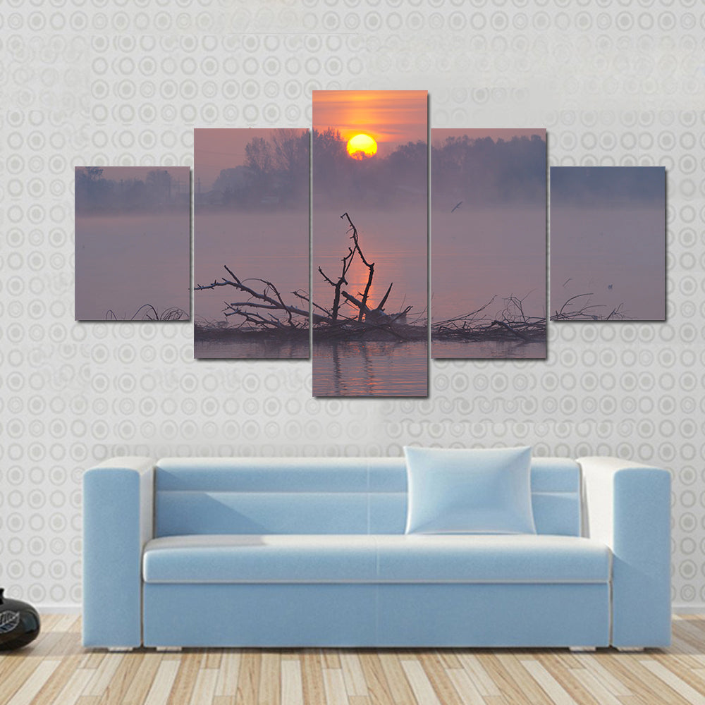 Misty Lake Sunrise Canvas Wall Art