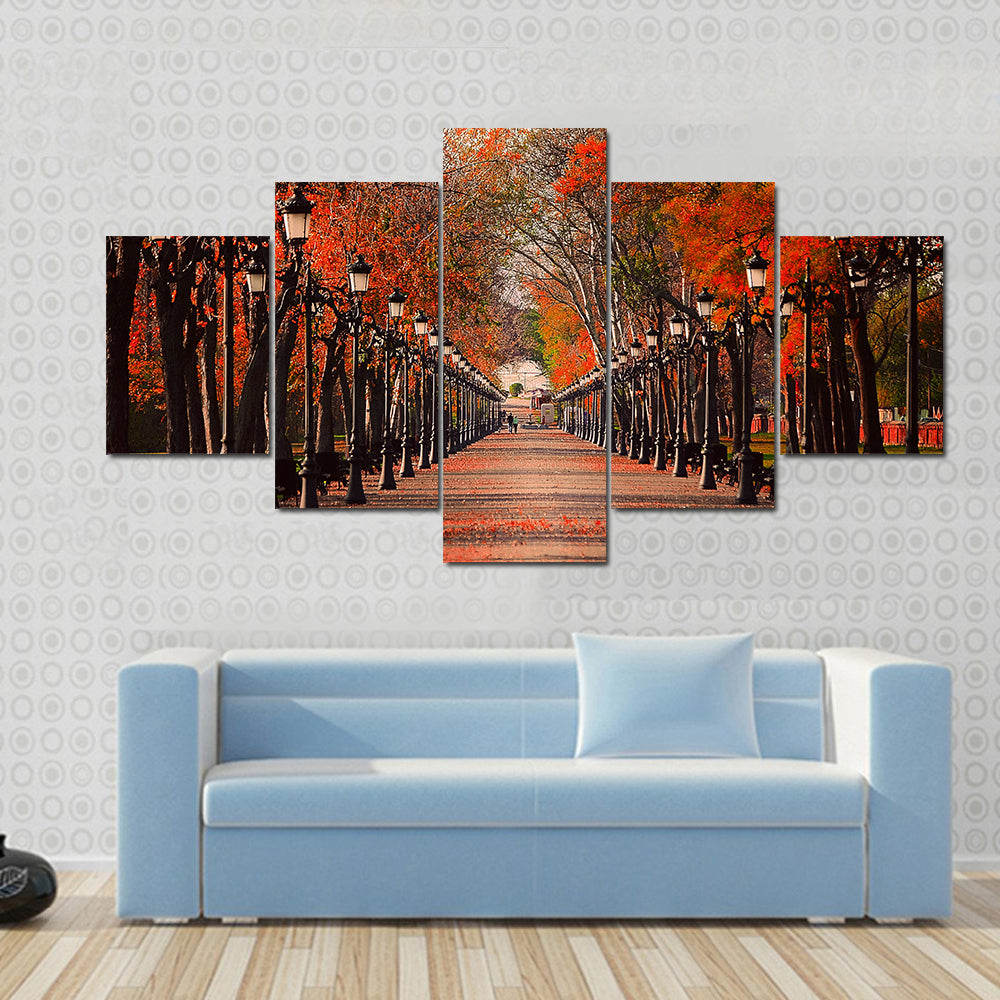 Red Autumn Park Pathway Canvas Wall Art
