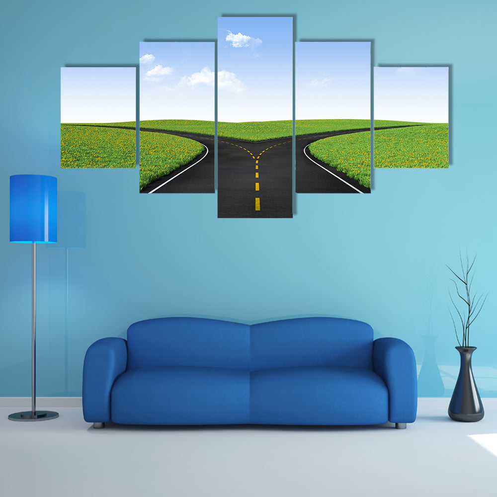Forked Road in Sunlit Meadows Canvas Wall Art