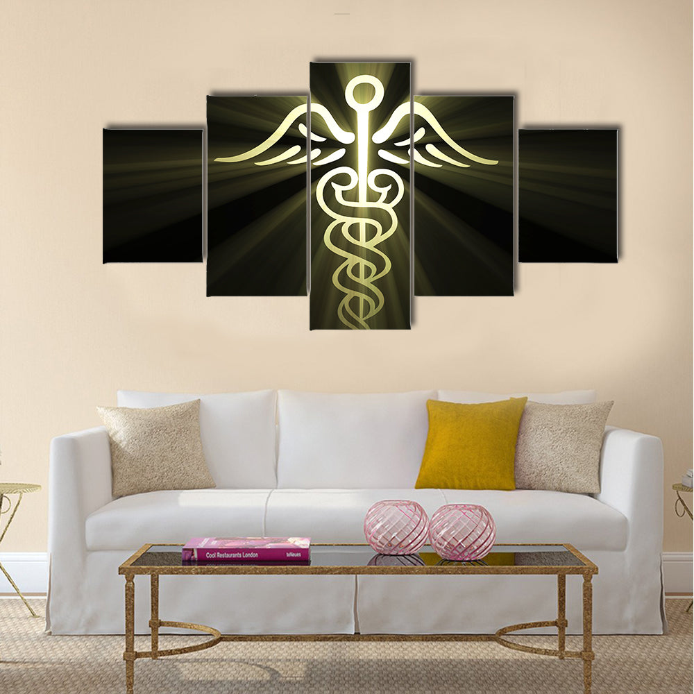 Golden Caduceus with Radiant Light Canvas Wall Art