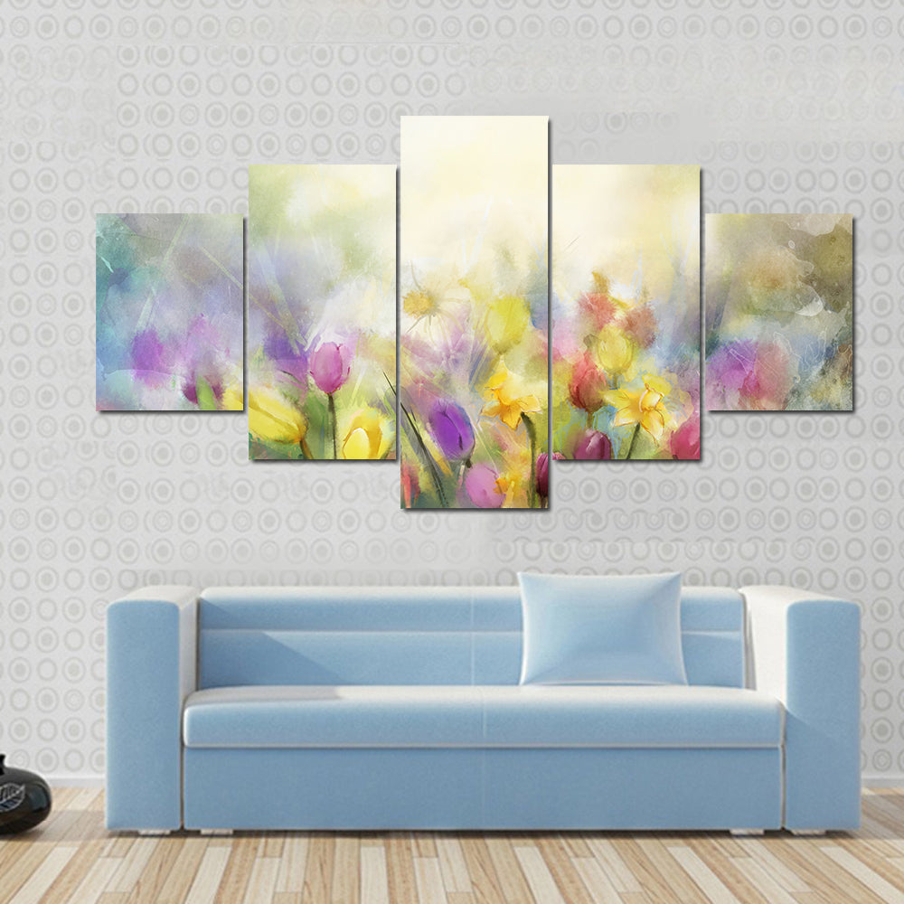 Watercolor Daffodil and Tulip Meadow Canvas Wall Art