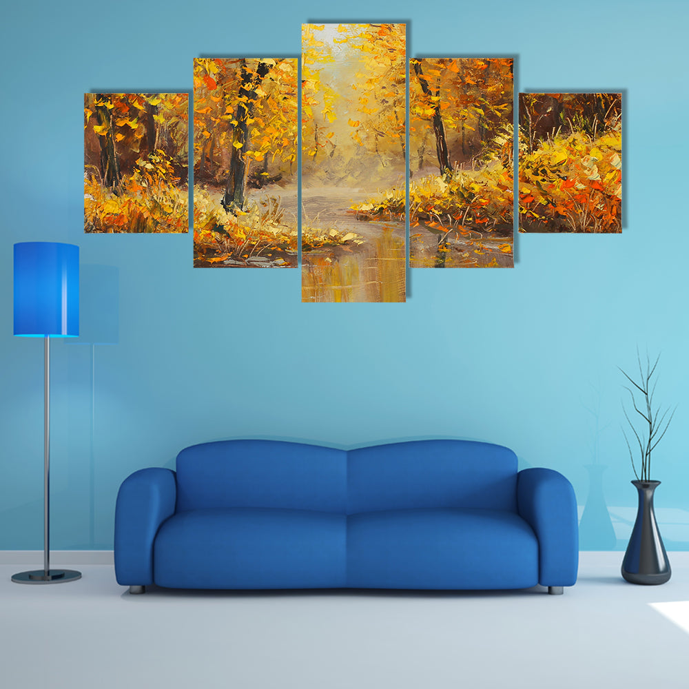 Golden Autumn Along a River Canvas Wall Art