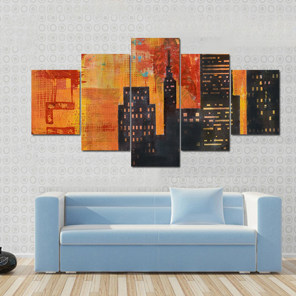 Abstract Urban Skyline with Stenciled Text Canvas Wall Art