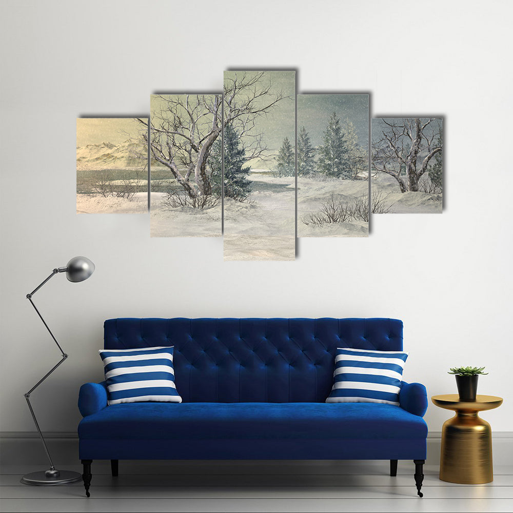 Snow-covered Field with Bare Trees and Mountains Canvas Wall Art
