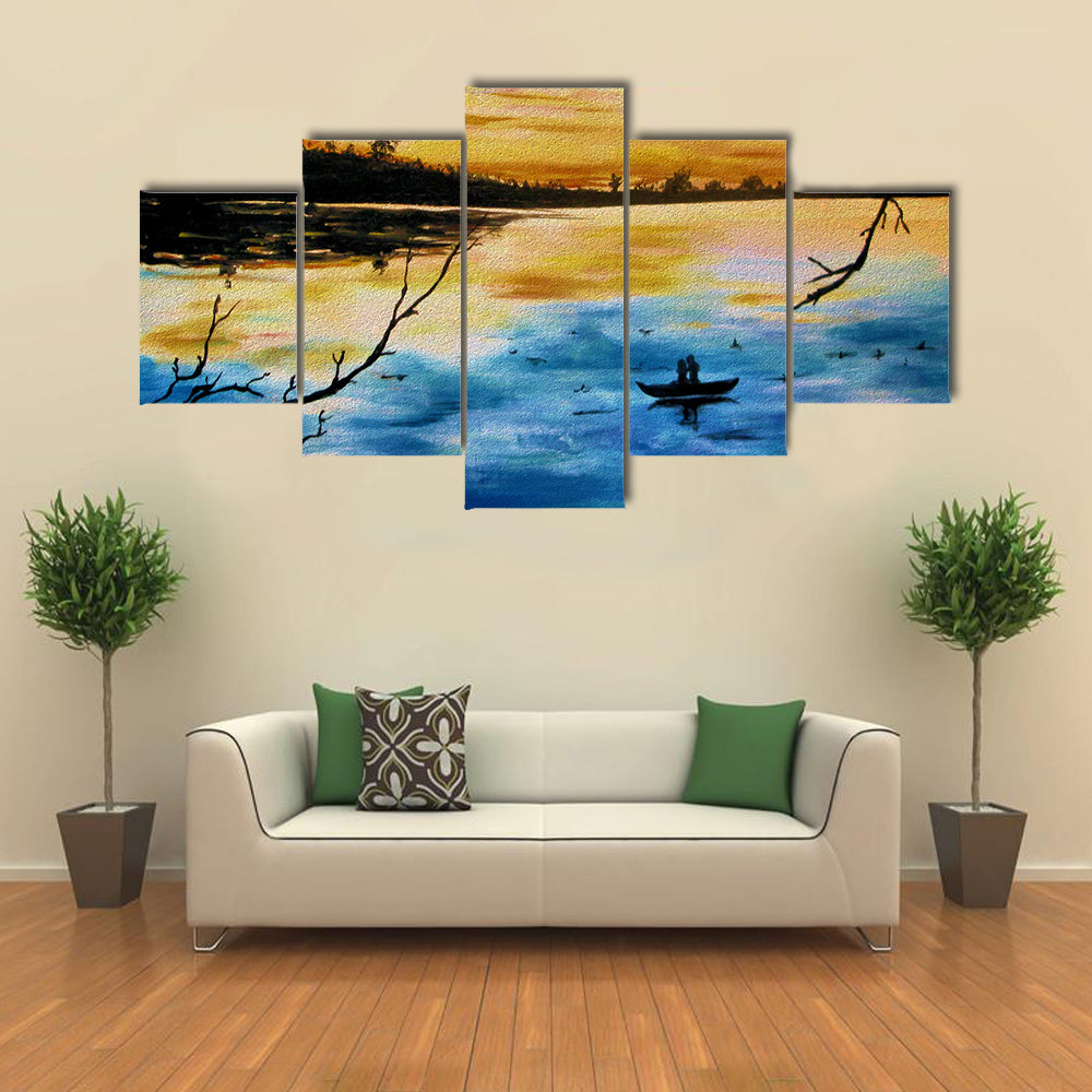 Lovers in a Boat at Sunset Canvas Wall Art