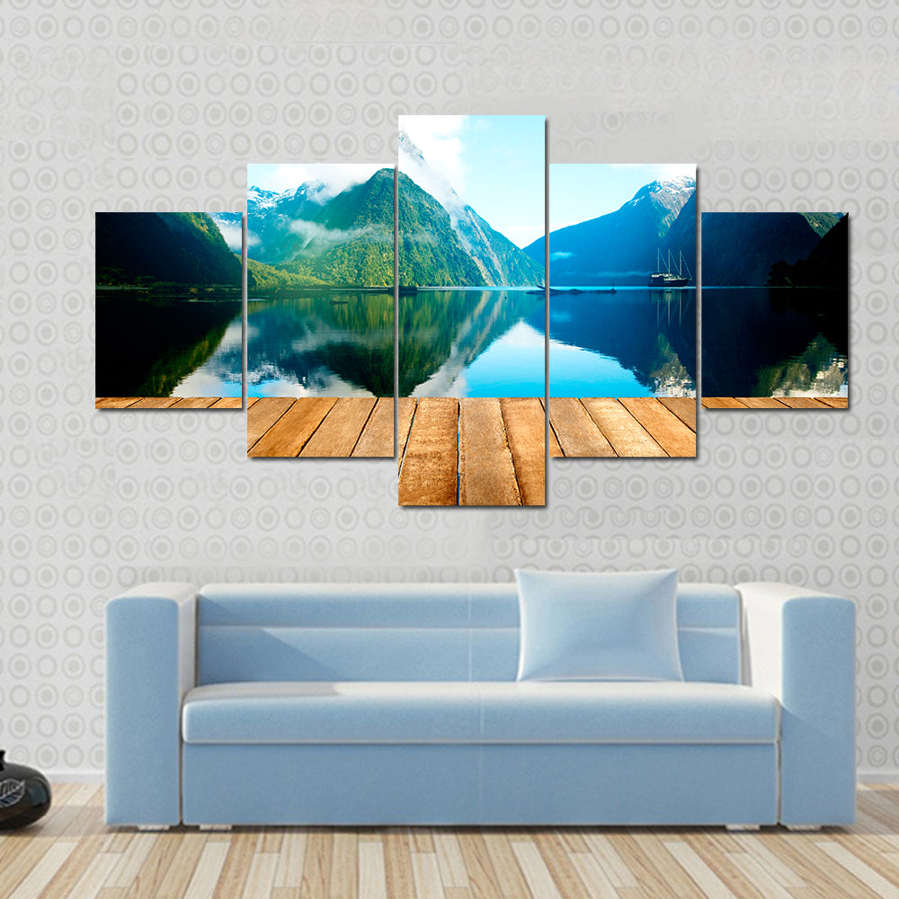 Wooden Pier and Mountain Lake Canvas Wall Art