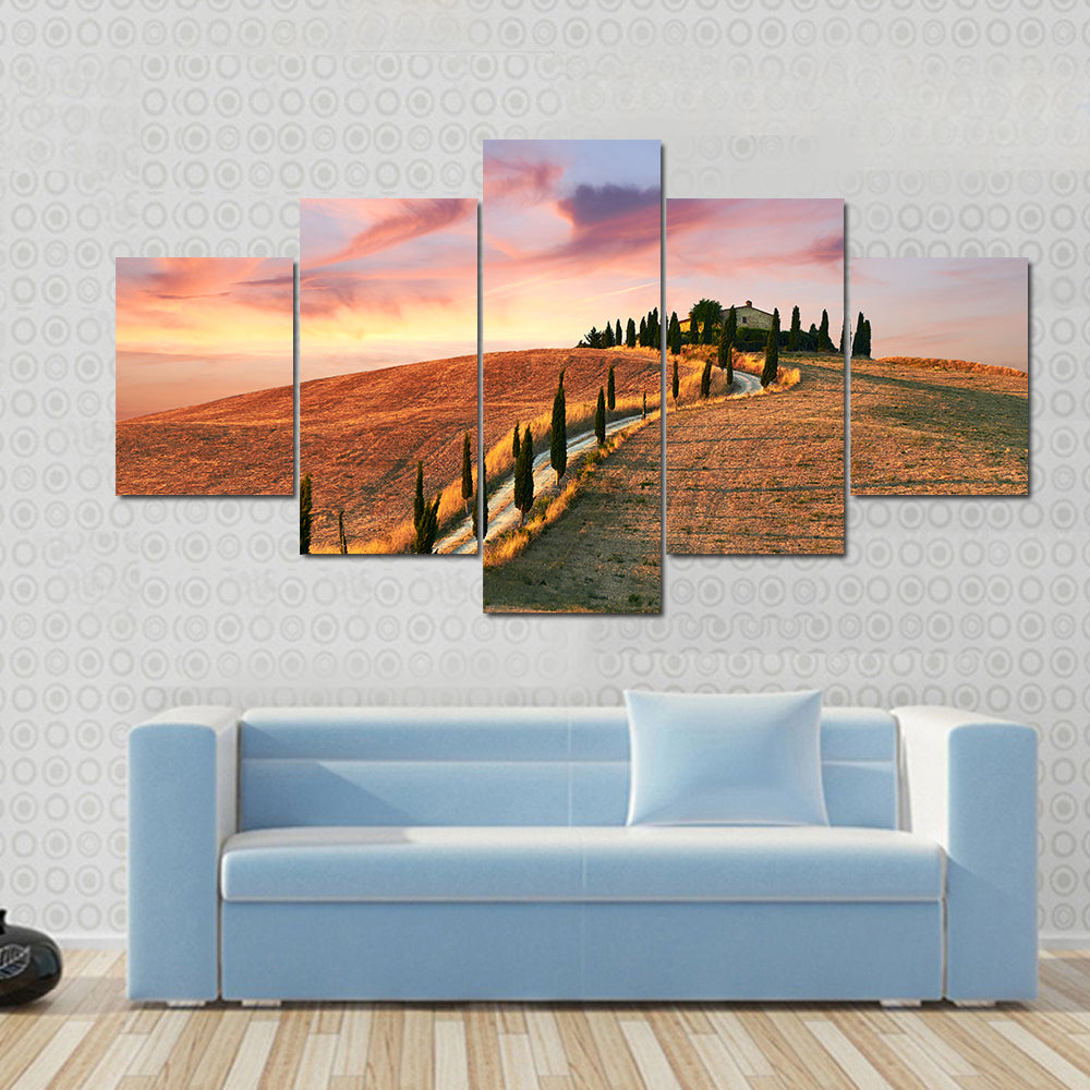 Hilltop Villa with Cypress Road at Sunset Canvas Wall Art