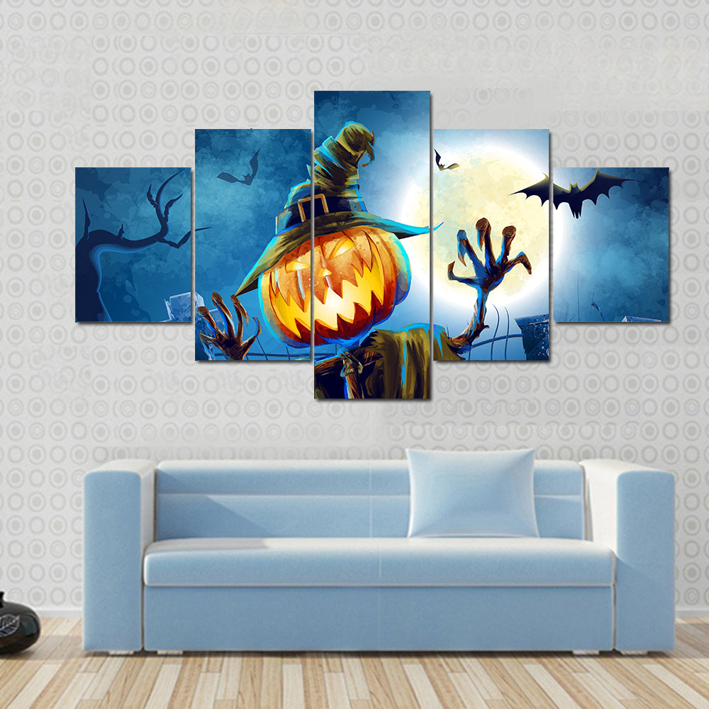 Pumpkin-headed Monster in Graveyard Canvas Wall Art