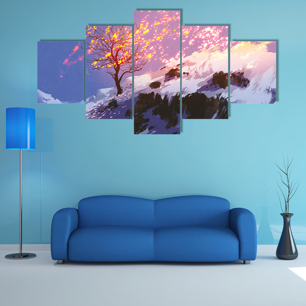 Lone Tree with Glowing Sparks at Twilight Canvas Wall Art