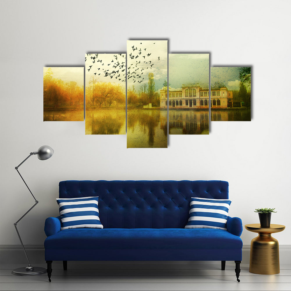 Flock Over Vintage Lakeside Mansion Canvas Wall Art