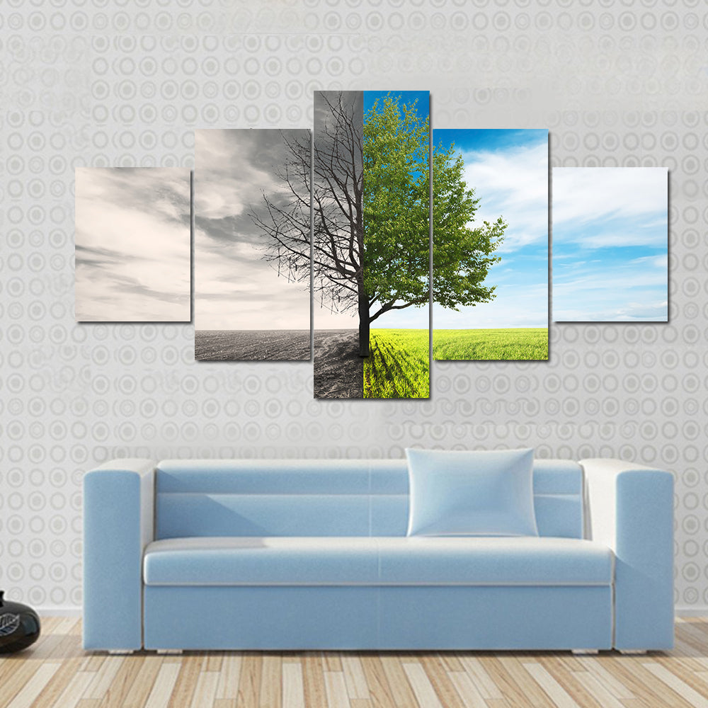 Split Lone Tree in Field Canvas Wall Art
