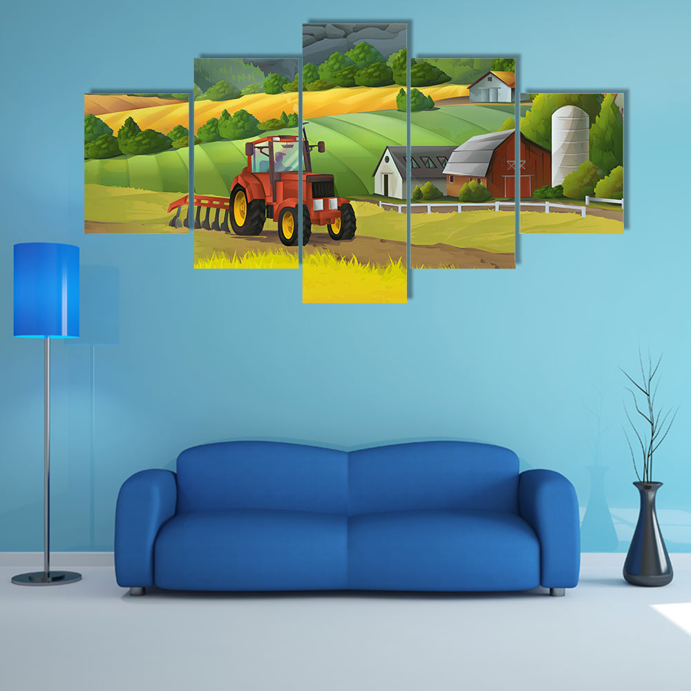 Red Tractor on Sunny Farm Landscape Canvas Wall Art