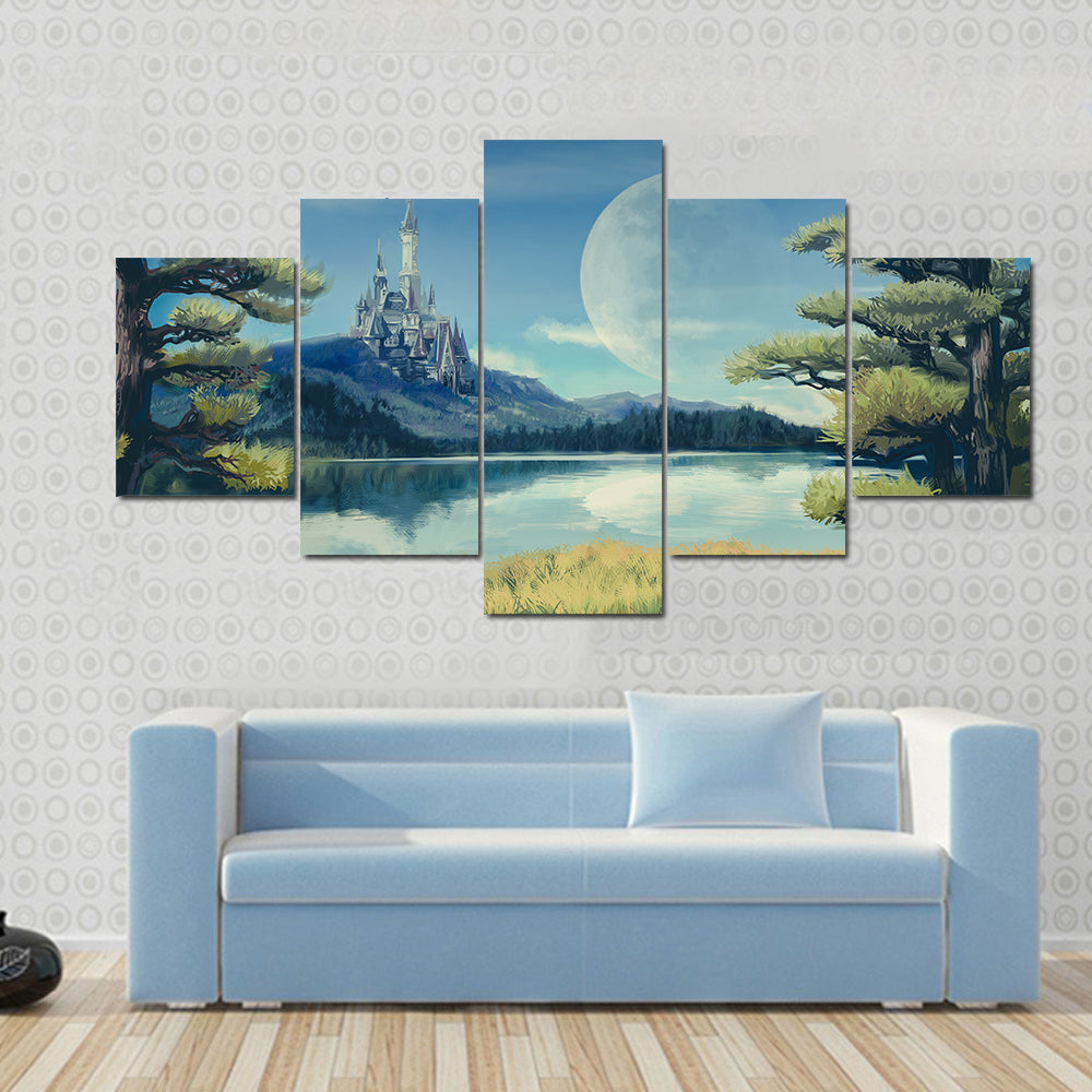 Gothic Castle by Moonlit Lake Canvas Wall Art