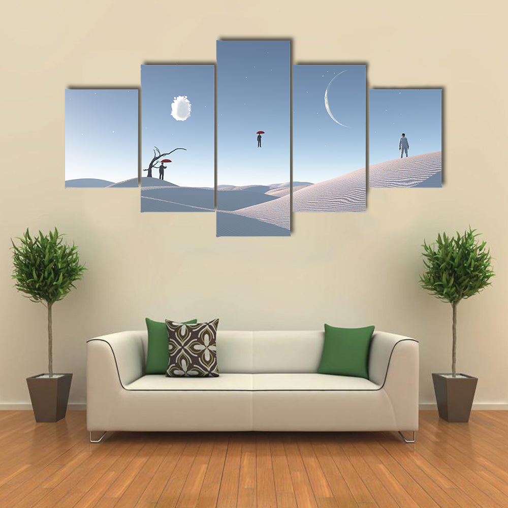 Floating Man with Umbrella in Surreal Desert Canvas Wall Art