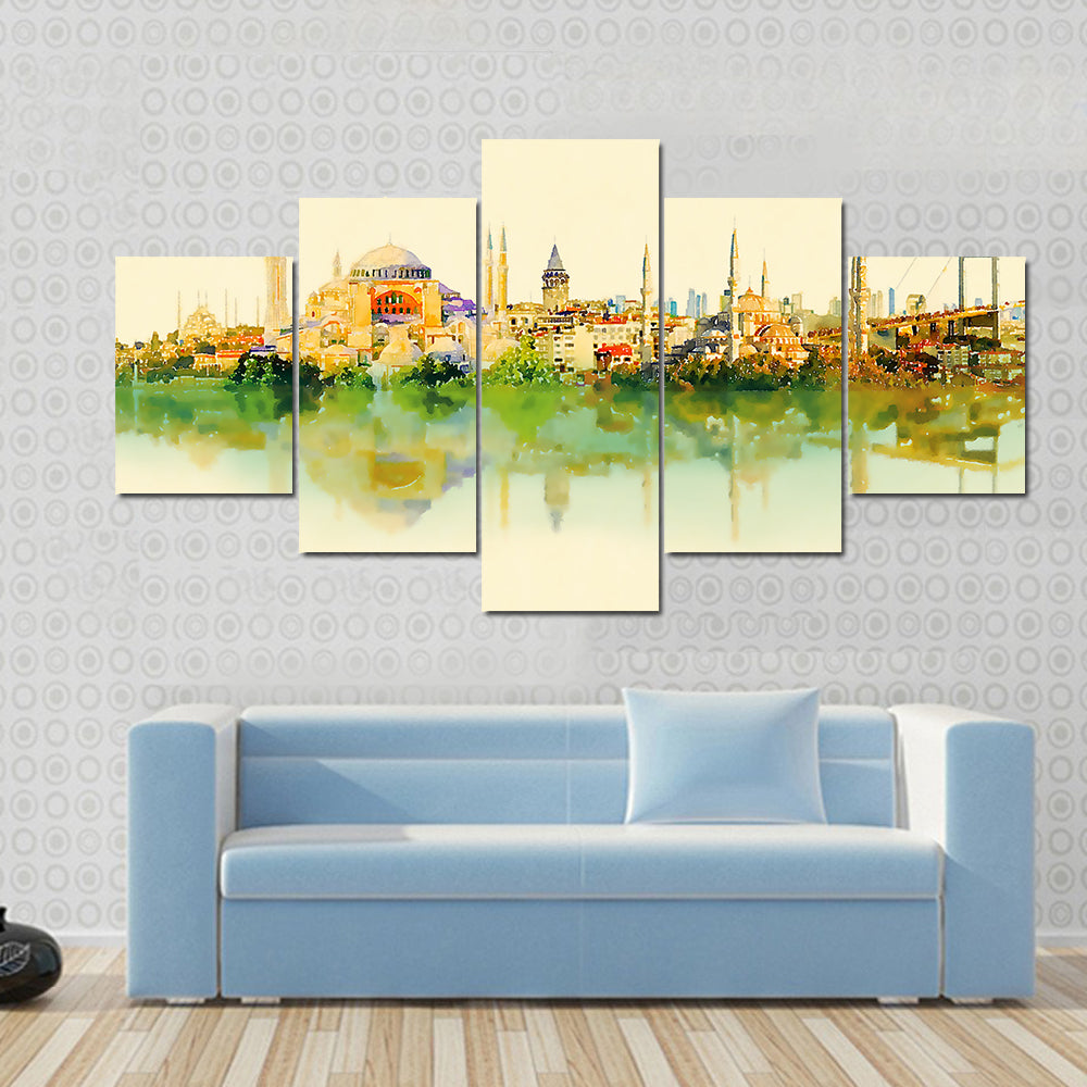 Istanbul Watercolor Skyline with Hagia Sophia Reflection Canvas Wall Art