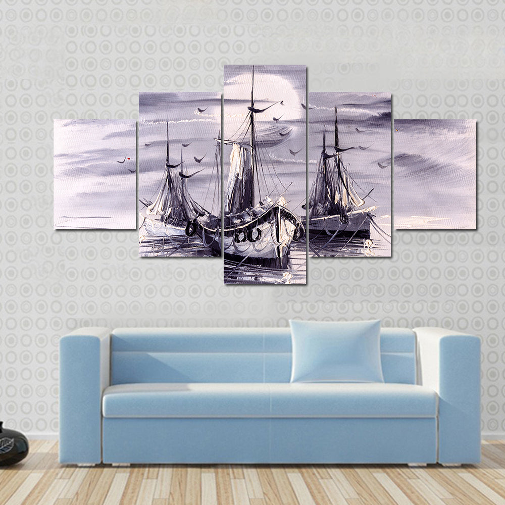 Moonlit Sailing Ships with Purple Reflections Canvas Wall Art