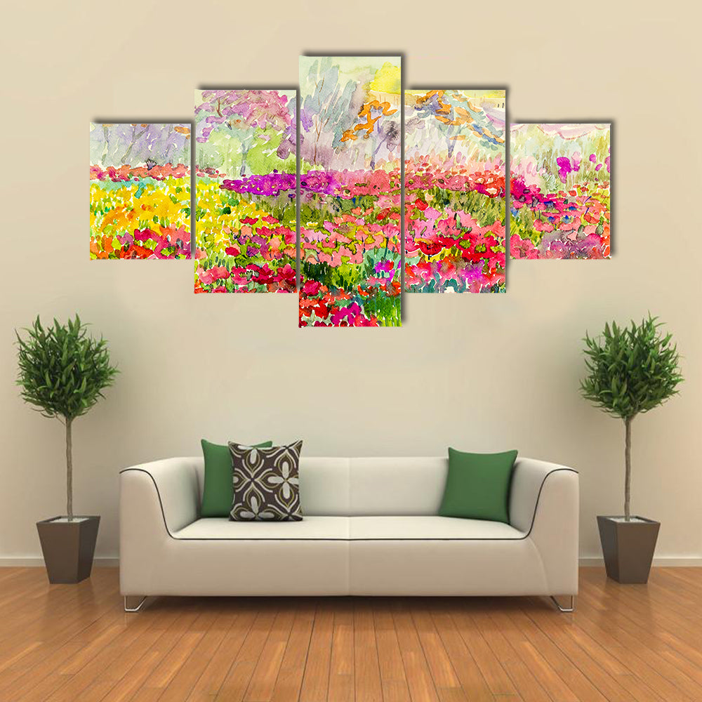 Watercolor Poppy Field in Spring Canvas Wall Art