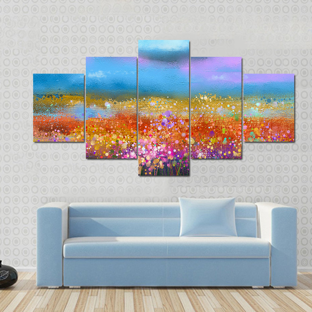Watercolor Spring Meadow with Golden Horizon Canvas Wall Art