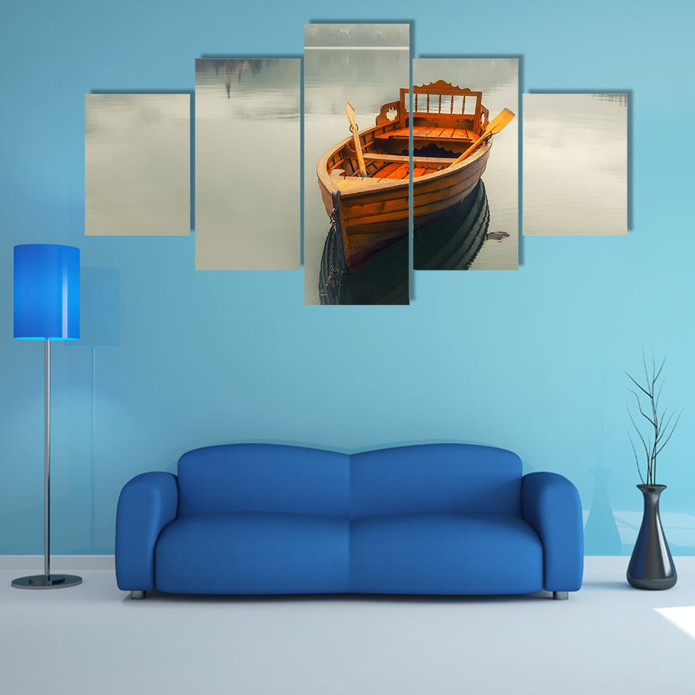Rowboat on Foggy Lake with Island Church Canvas Wall Art
