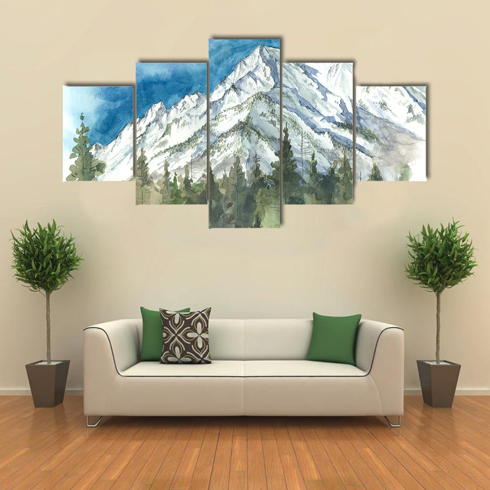 Watercolor Snow-capped Mountain and Forest Canvas Wall Art