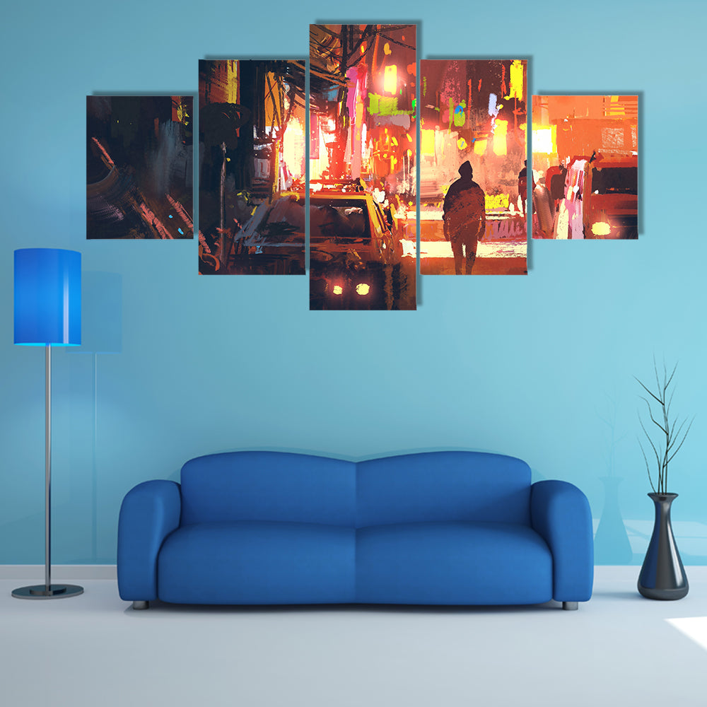 Rain-soaked Old Street in Futuristic City Canvas Wall Art