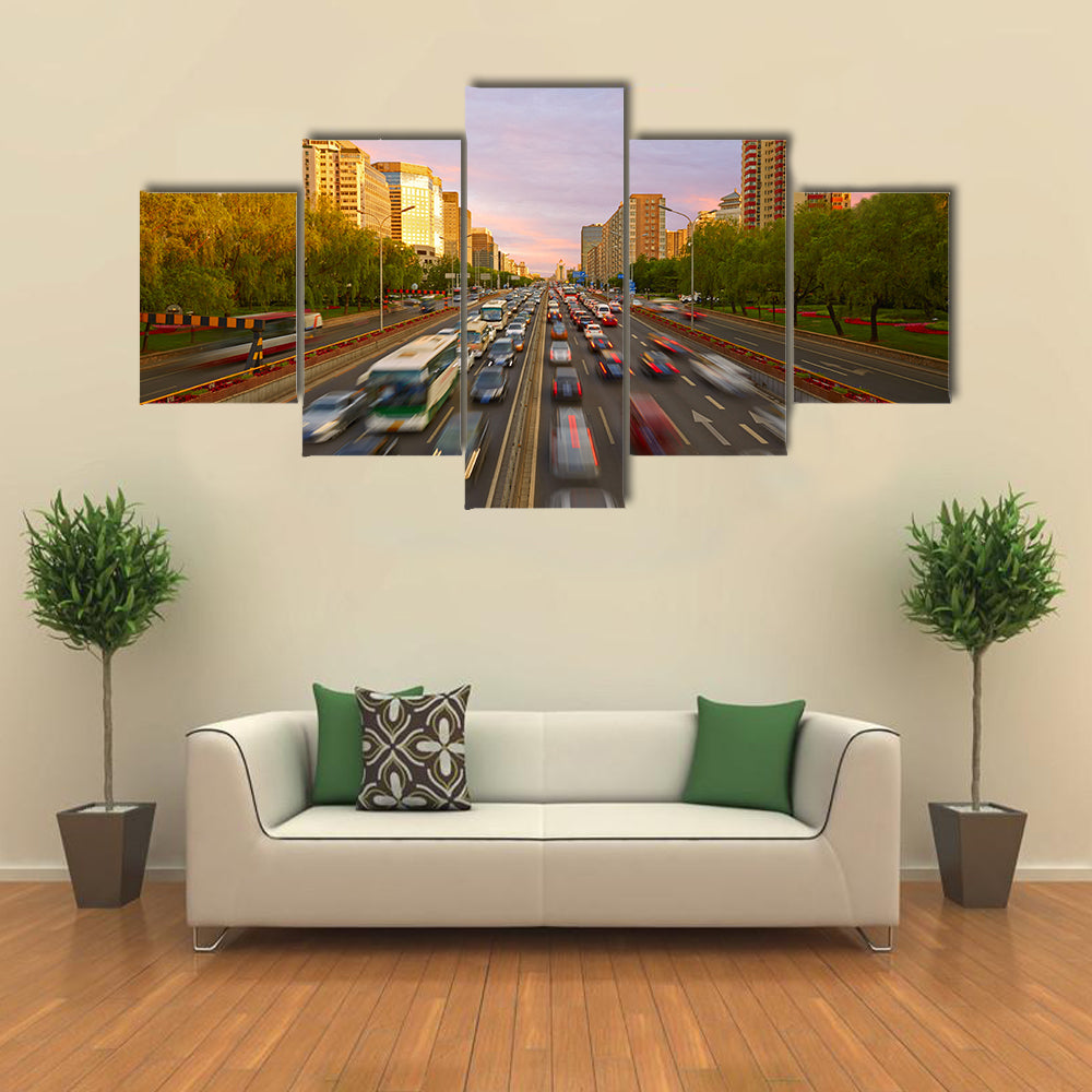Traffic Crowd In Beijing Canvas Wall Art