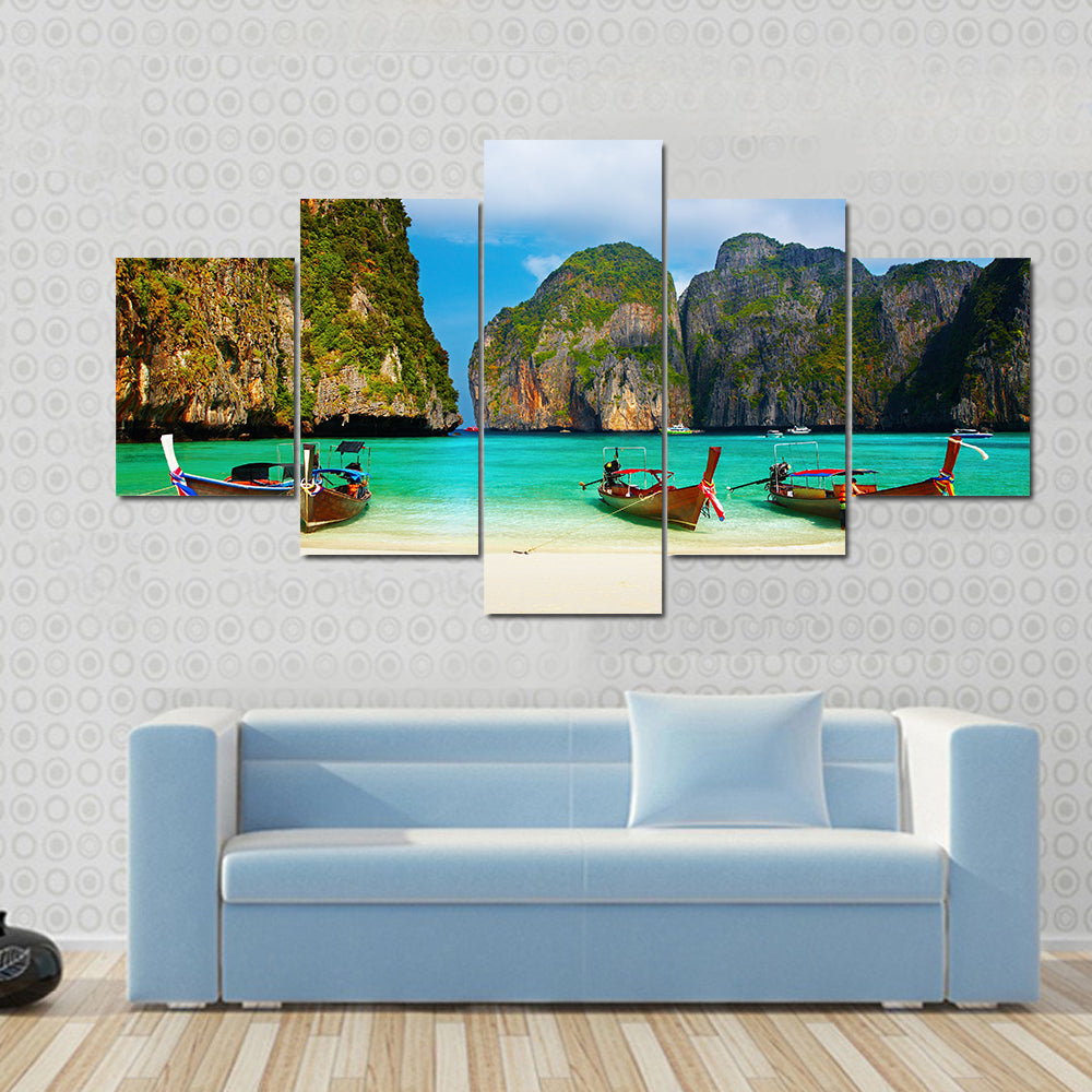 Tropical Beach And Traditional Long Tail Boats In Maya Bay Canvas Wall Art