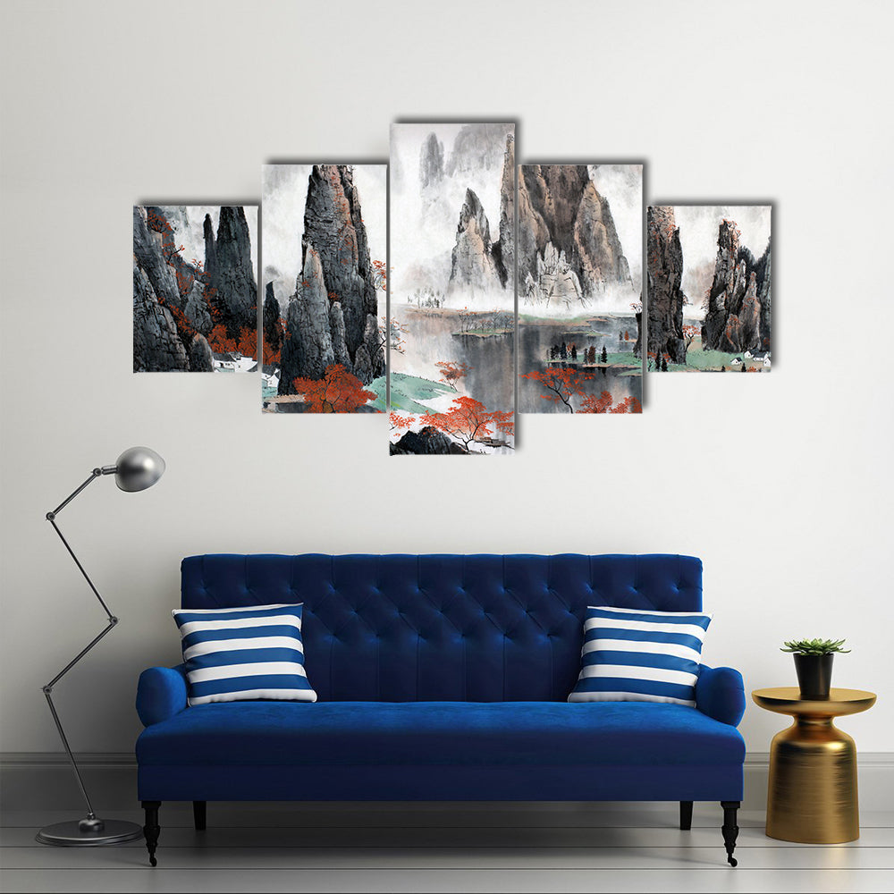 Misty Chinese Mountains with Red Autumn Trees Canvas Wall Art