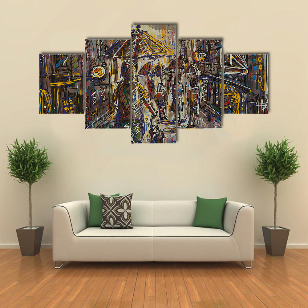 Rainy City Street with Umbrella Canvas Wall Art