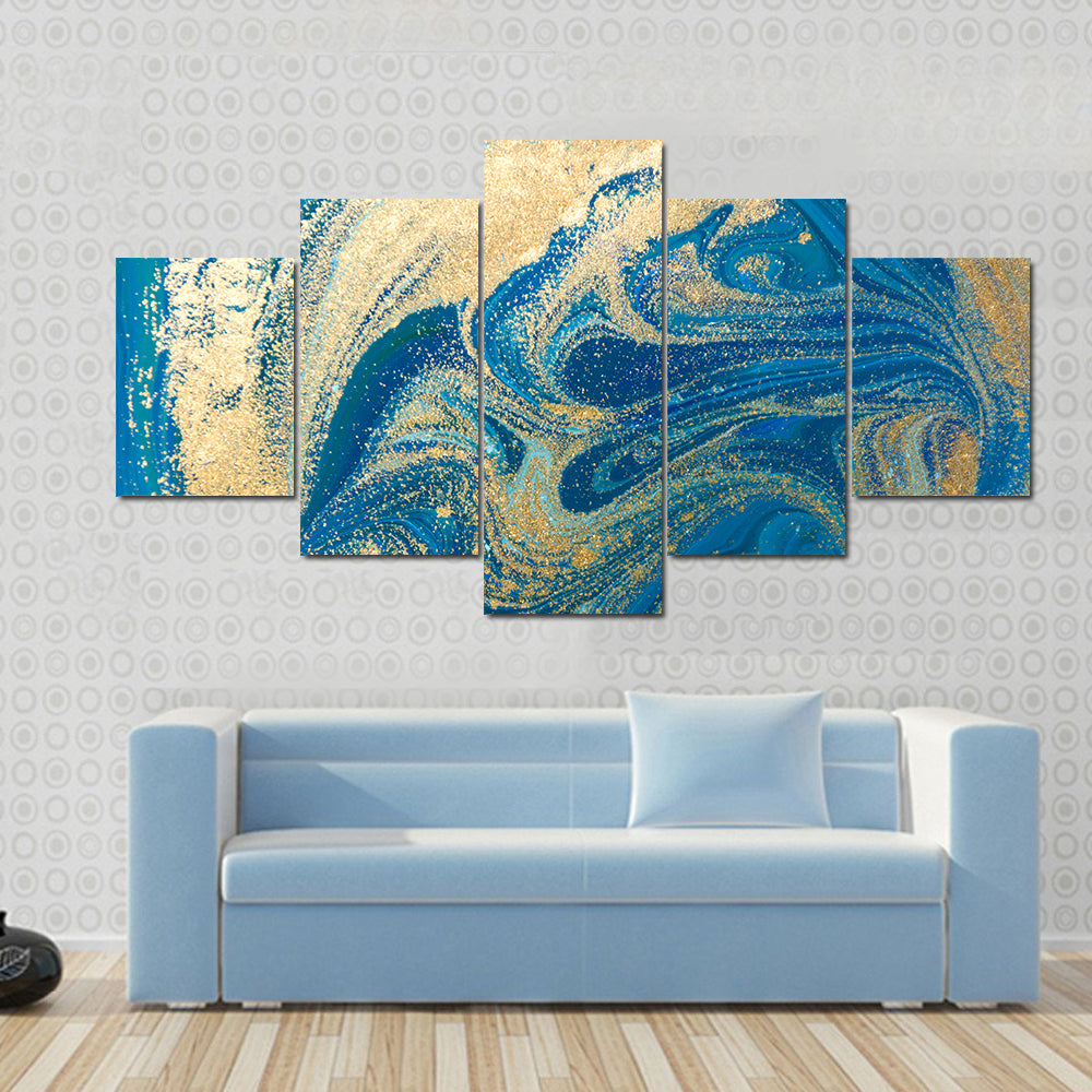 Hand Drawn Blue and Gold Marbling Canvas Wall Art