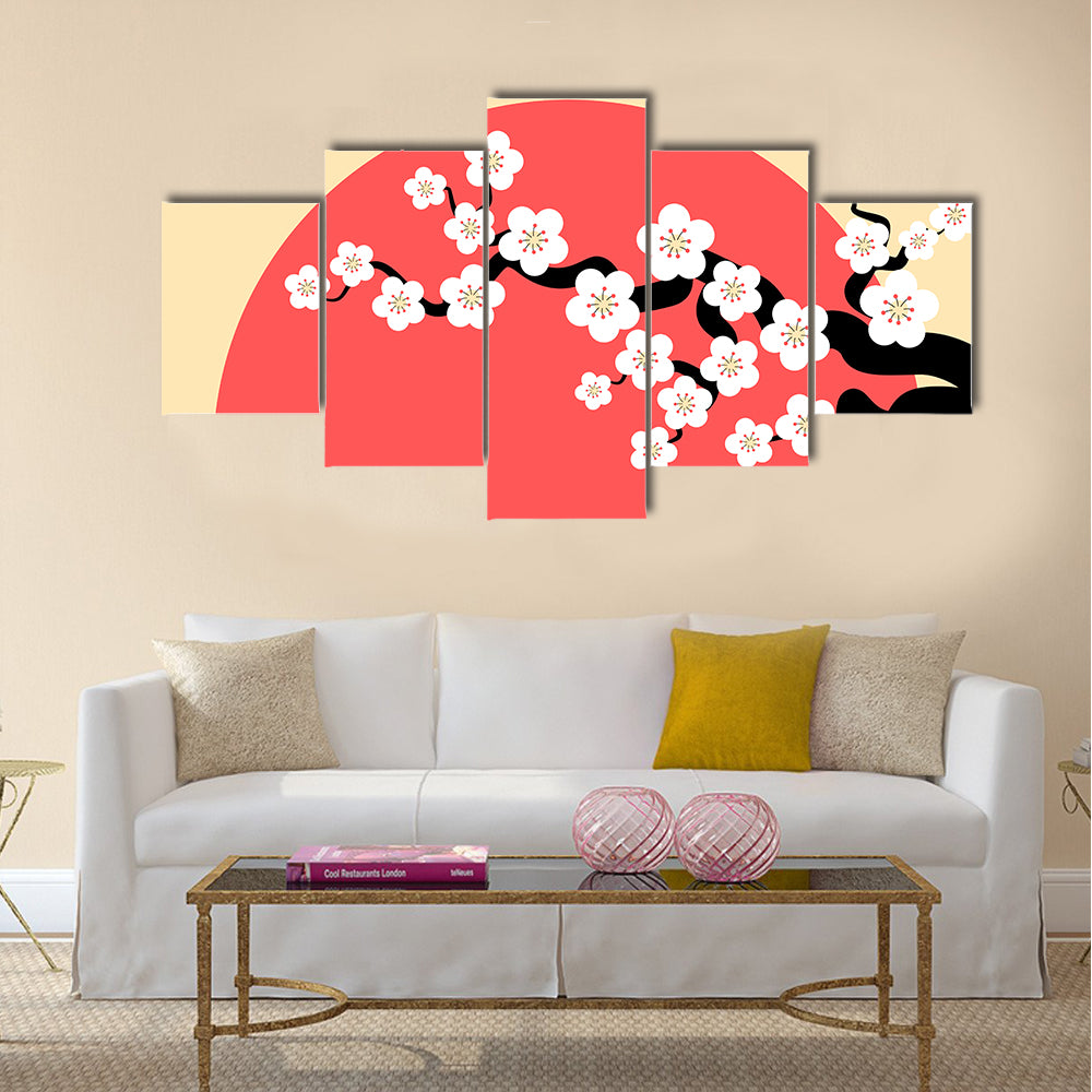 Minimalist Cherry Blossom with Red Sun Canvas Wall Art