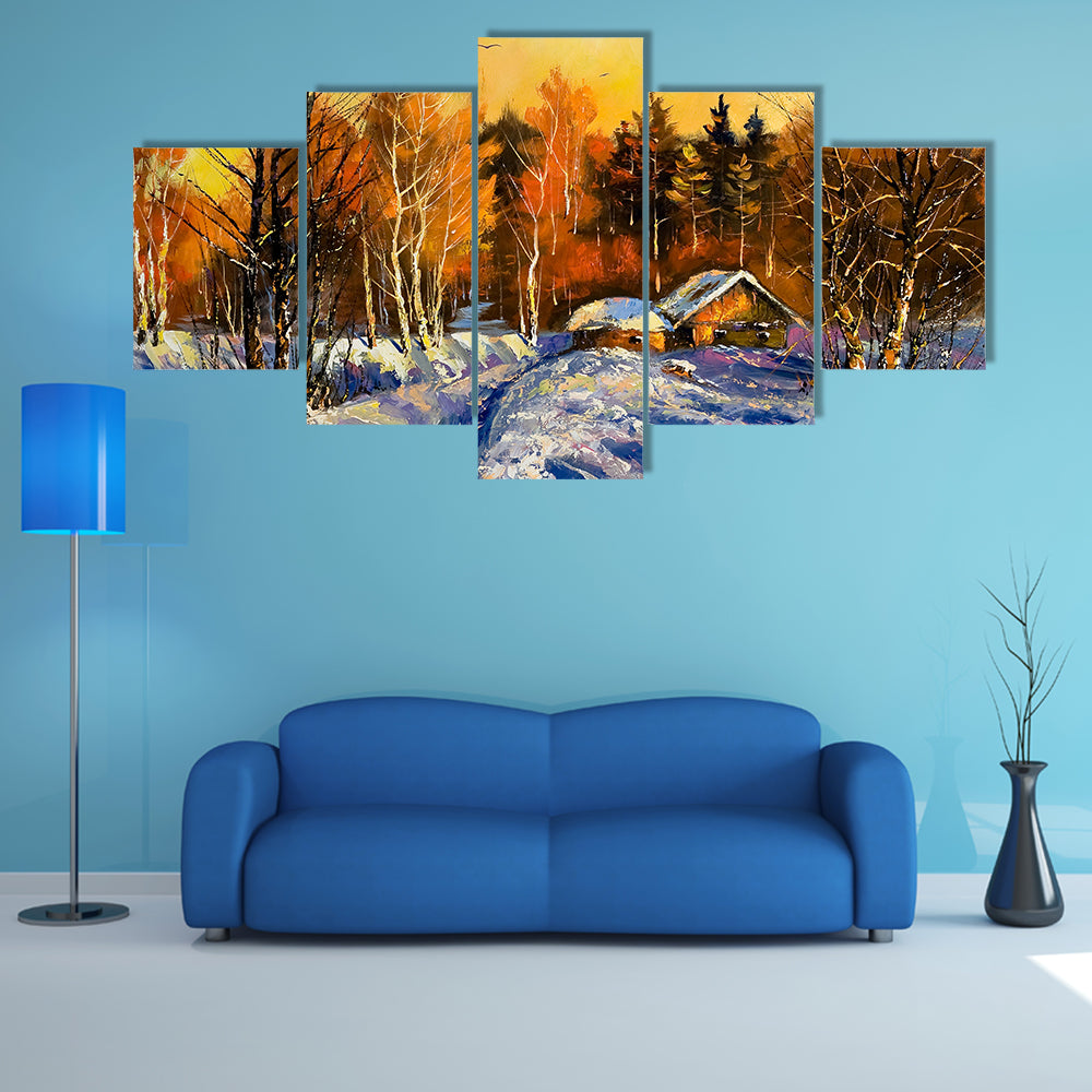 Winter Village at Dusk Canvas Wall Art
