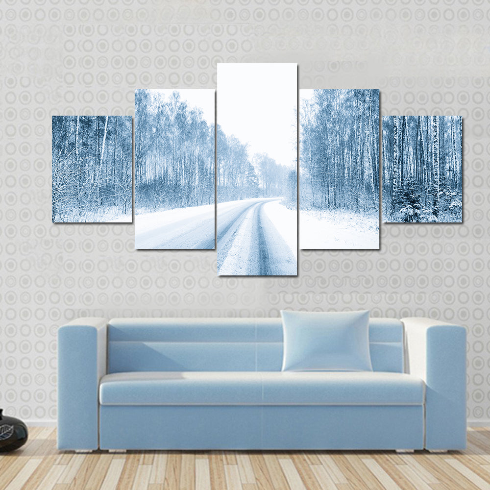 Snow Covered Open Road In Winter Canvas Wall Art