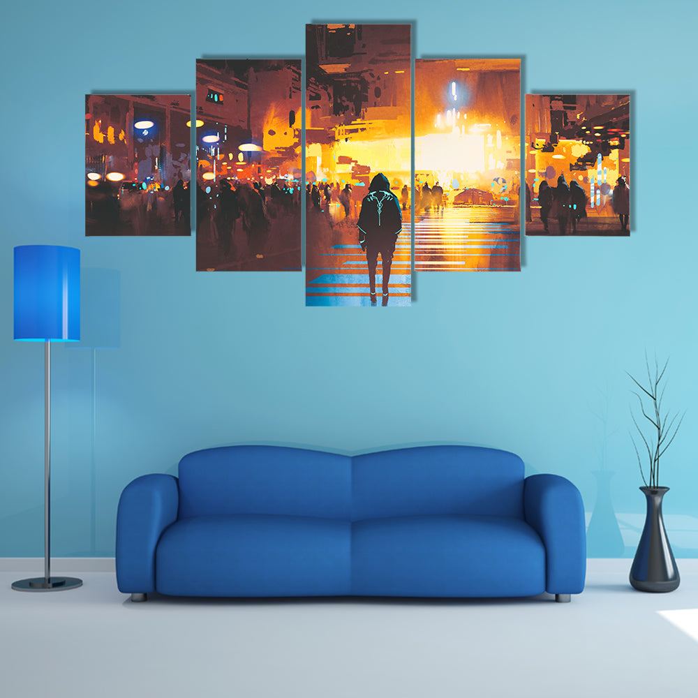 Lone Hooded Figure in Neon City Canvas Wall Art
