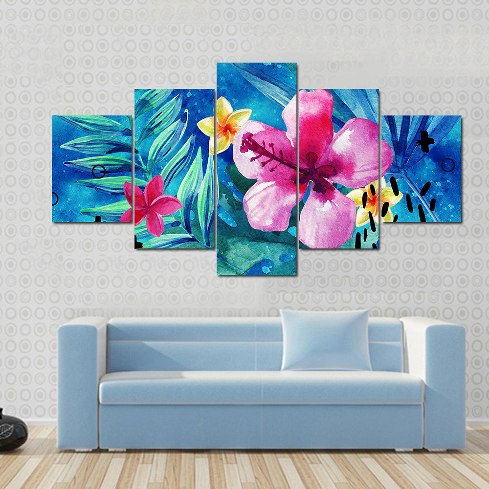 Tropical Hibiscus and Palm Leaf Pattern Canvas Wall Art