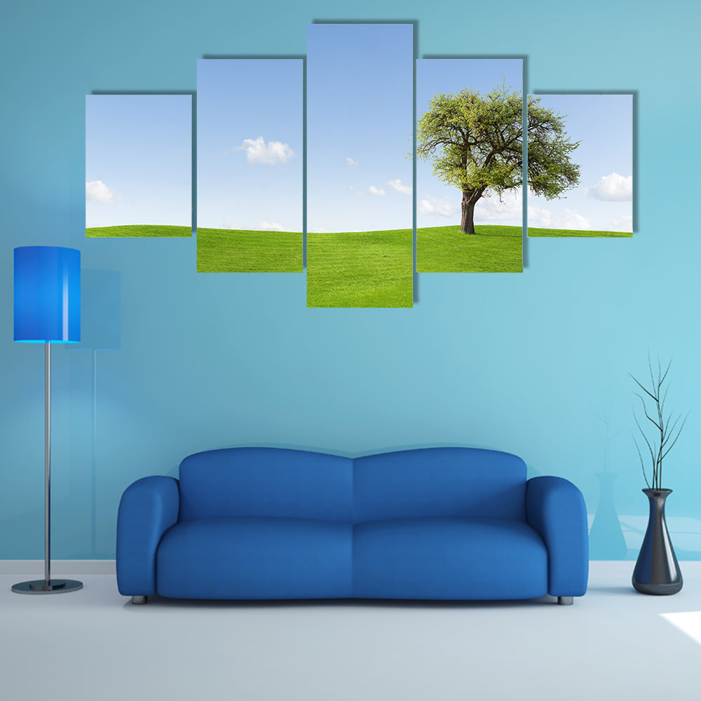 Solitary Tree on Sunny Green Hill Canvas Wall Art