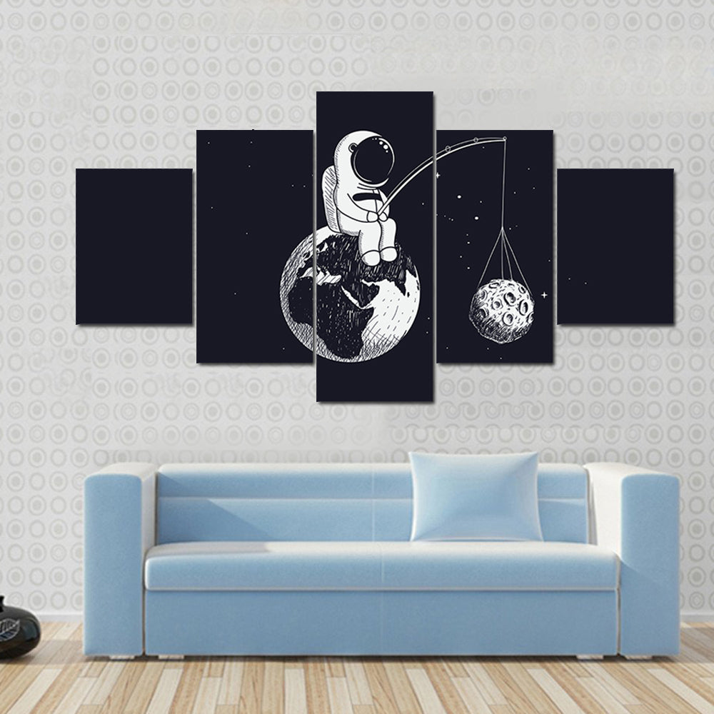 Little Astronaut Sitting on Earth Canvas Wall Art