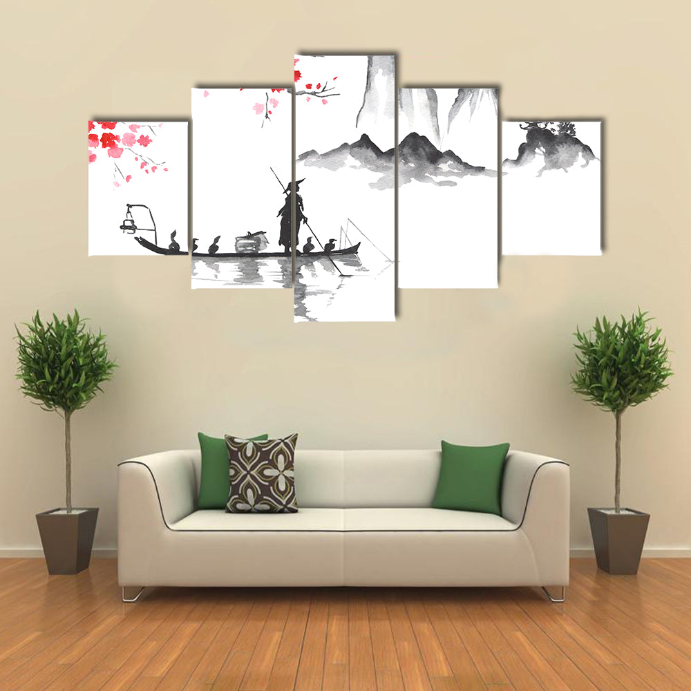 Japanese Ink Wash Fisherman at Sunrise Canvas Wall Art