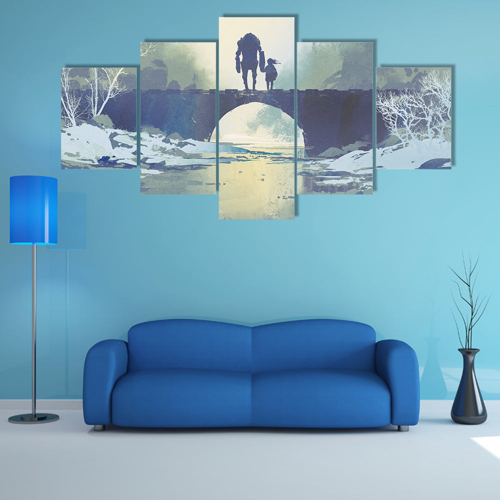Robot and Child on Snowy Bridge Canvas Wall Art