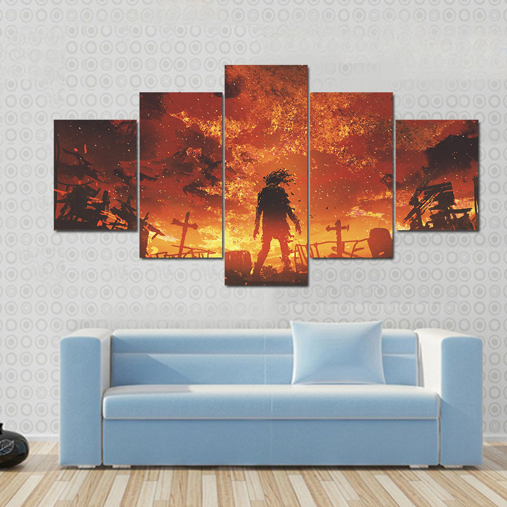Zombie Silhouette in Burnt Cemetery Canvas Wall Art